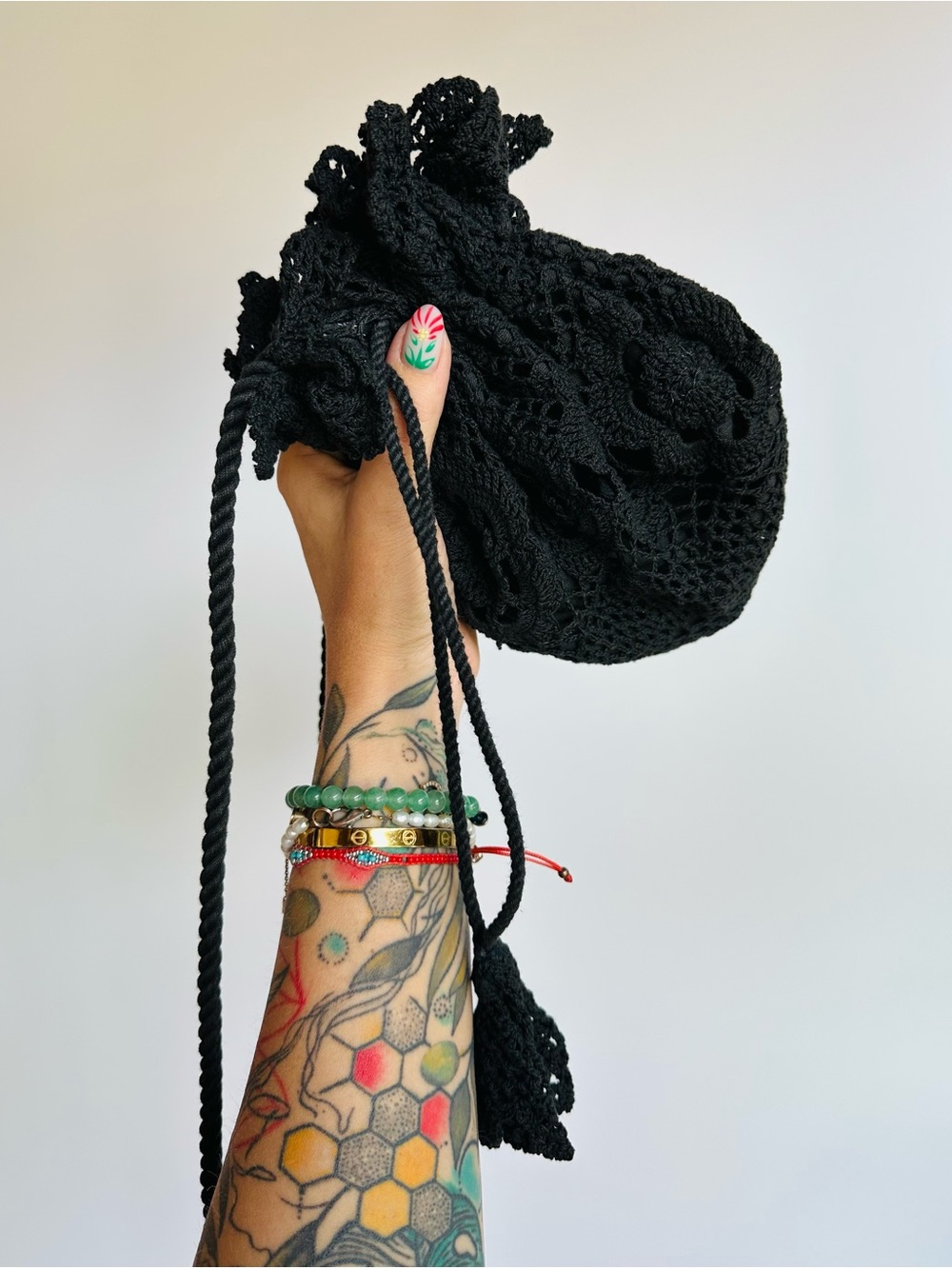 Vintage Chateau Black Crochet Drawstring Bucket Bag Hand Made Boho Victorian
